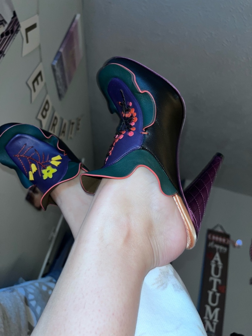 Fendi Green & Purple Floral Embroidered Leather Mules - Picture 14 of 14